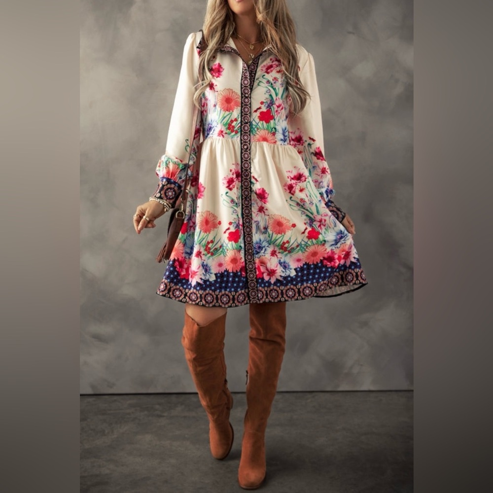 Apricot Floral Print Buttoned High Waist Dress